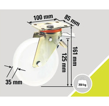 Roue pivotante avec frein, dimensions et capacité de charge 350 kg.