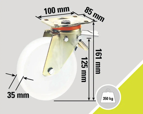 Roue pivotante avec frein, dimensions et capacité de charge 350 kg.