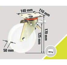 Roue avec plaque pivotante et fonction de freinage mesurant 140 mm x 110 mm, diamètre de roue 50 mm et capacité de charge jusqu'à 700 kg.