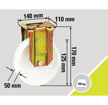 Roue mesurant 140 mm sur 110 mm avec une hauteur de construction de 170 mm et une charge admissible de 700 kilogrammes