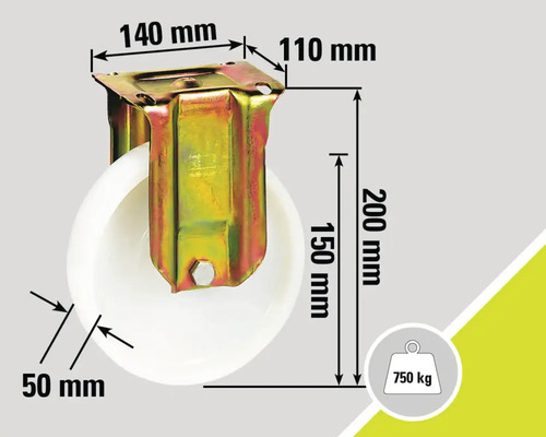 Rollenbock mit Maßen: 140 mm, 110 mm, 200 mm, 150 mm und Rollendurchmesser 50 mm, Traglast 750 kg