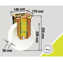 Dimensions roulette pivotante: 140 mm x 110 mm, diamètre de la roue 200 mm, hauteur de construction 250 mm, largeur de la roue 50 mm, capacité de charge 750 kg