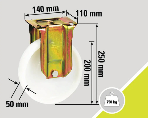 Dimensions roulette pivotante: 140 mm x 110 mm, diamètre de la roue 200 mm, hauteur de construction 250 mm, largeur de la roue 50 mm, capacité de charge 750 kg