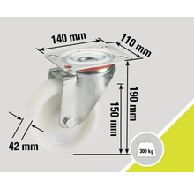 Roue pivotante avec les dimensions 140 mm x 110 mm, une hauteur de 190 mm, une hauteur de montage de 150 mm, une largeur de roue de 42 mm et une capacité de charge de 300 kg