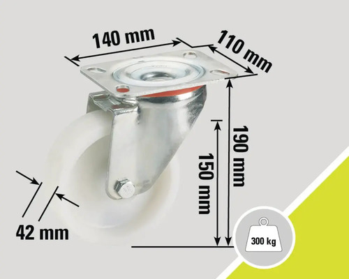 Roue pivotante avec les dimensions 140 mm x 110 mm, une hauteur de 190 mm, une hauteur de montage de 150 mm, une largeur de roue de 42 mm et une capacité de charge de 300 kg