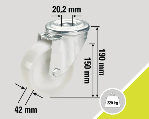Roue pivotante avec des dimensions de 20,2 mm, 150 mm, 190 mm et 42 mm, capacité de charge 220 kg