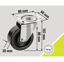 Roue pivotante avec des dimensions de 80 millimètres, 60 millimètres, 107 millimètres et 35 millimètres, capacité de charge de 150 kilogrammes