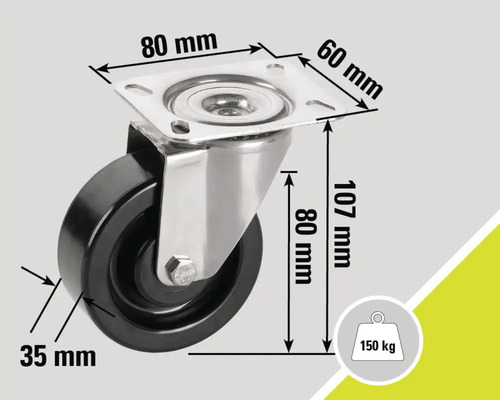 Roue pivotante avec des dimensions de 80 millimètres, 60 millimètres, 107 millimètres et 35 millimètres, capacité de charge de 150 kilogrammes