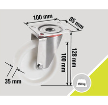 Roue pivotante avec les dimensions 100 mm x 85 mm, 128 mm de hauteur, 35 mm d'épaisseur de roue et 150 kilogrammes de capacité de charge