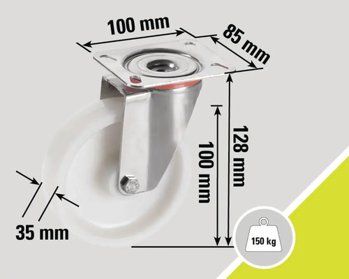 Roue pivotante avec les dimensions 100 mm x 85 mm, 128 mm de hauteur, 35 mm d'épaisseur de roue et 150 kilogrammes de capacité de charge