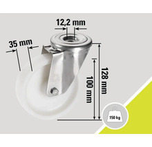 Roue pivotante avec les dimensions 12,2 mm, 35 mm, 100 mm et 128 mm, capacité de charge jusqu'à 150 kg