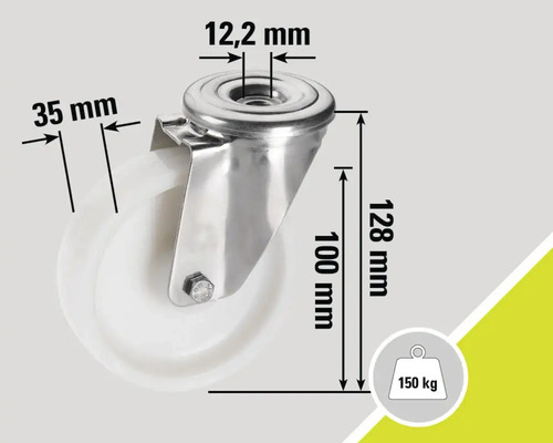 Roue pivotante avec les dimensions 12,2 mm, 35 mm, 100 mm et 128 mm, capacité de charge jusqu'à 150 kg