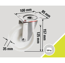 Roue avec indication des dimensions : 100 mm, 85 mm, 157 mm, 125 mm et 35 mm. Charge maximale 220 kg.