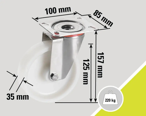 Roue avec indication des dimensions : 100 mm, 85 mm, 157 mm, 125 mm et 35 mm. Charge maximale 220 kg.