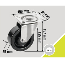 Roue pivotante avec dimensions 100 mm x 85 mm, 157 mm de hauteur, 125 mm de hauteur de support, 35 mm d'épaisseur de roue et 200 kg de capacité de charge