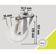 Roue pivotante avec des dimensions de 157 mm de hauteur, 125 mm de diamètre de roue, 35 mm de largeur de roue, 12,2 mm d'alésage et 220 kg de capacité de charge