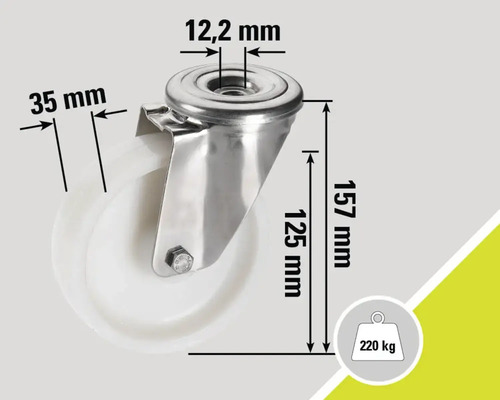 Roue pivotante avec des dimensions de 157 mm de hauteur, 125 mm de diamètre de roue, 35 mm de largeur de roue, 12,2 mm d'alésage et 220 kg de capacité de charge