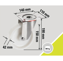 Roue avec les dimensions 140 mm x 110 mm, hauteur 190 mm, épaisseur de roue 42 mm, capacité de charge 300 kg