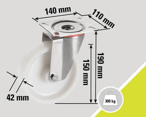 Roue avec les dimensions 140 mm x 110 mm, hauteur 190 mm, épaisseur de roue 42 mm, capacité de charge 300 kg