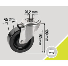 Roue avec les dimensions 50 mm, 20,2 mm, 150 mm et 190 mm, capacité de charge 300 kg