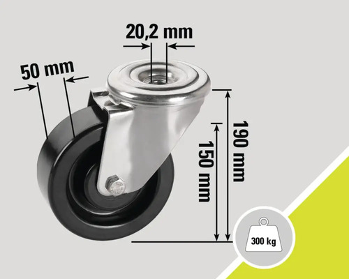 Roue avec les dimensions 50 mm, 20,2 mm, 150 mm et 190 mm, capacité de charge 300 kg