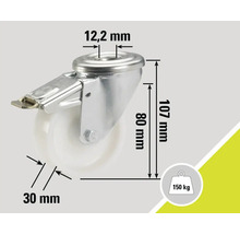 Roue pivotante avec frein, dimensions 107 x 80 x 30 millimètres, capacité de charge 150 kilogrammes
