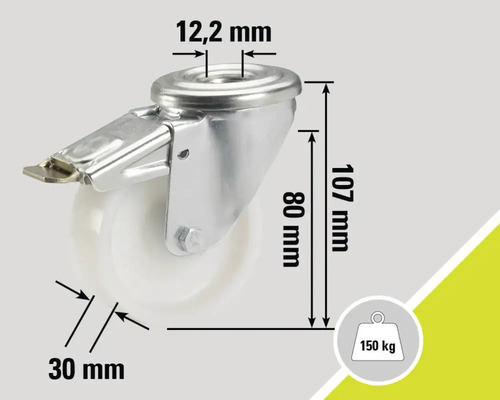 Roue pivotante avec frein, dimensions 107 x 80 x 30 millimètres, capacité de charge 150 kilogrammes