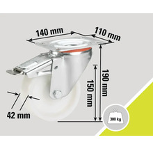 Roue pivotante avec blocage et indications de dimensions : 140 mm, 110 mm, 190 mm, 150 mm, 42 mm, capacité de charge 300 kg