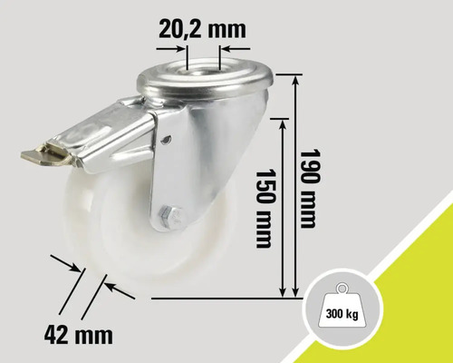 Roue avec frein, dimensions et capacité de charge de 300 kilogrammes