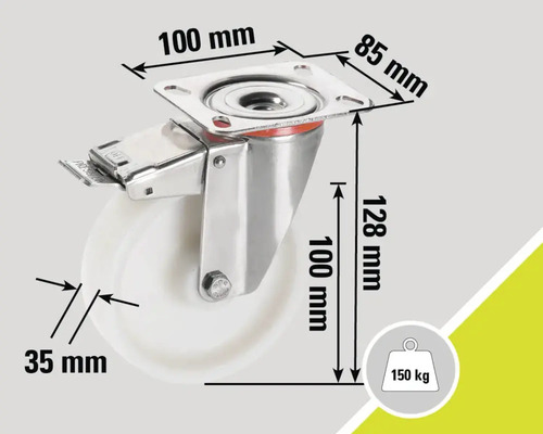Roue pivotante avec frein et les dimensions 100 mm, 85 mm, 128 mm et 35 mm ainsi qu'une capacité de charge de 150 kilogrammes.