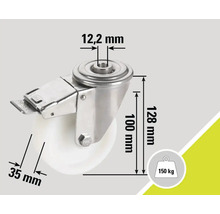 Lenkrolle mit Feststeller und Maßangaben: 12,2 mm Bolzen, 100 mm Höhe, 128 mm Gesamthöhe, 35 mm Radbreite, 150 kg Traglast