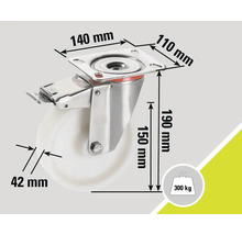 Roue pivotante avec frein et dimensions 140 mm x 110 mm, 190 mm de haut, diamètre de la roue 42 mm et capacité de charge jusqu'à 300 kg.