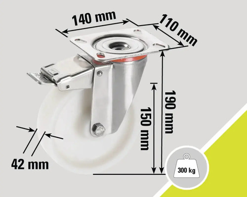 Roue pivotante avec frein et dimensions 140 mm x 110 mm, 190 mm de haut, diamètre de la roue 42 mm et capacité de charge jusqu'à 300 kg.