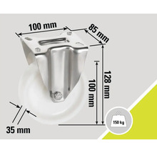 Support de roulette avec roue, dimensions 100 x 85 x 128 mm, diamètre de la roue 35 mm, capacité de charge 150 kg