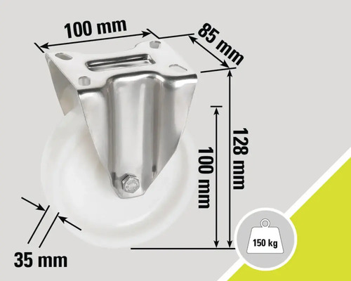 Support de roulette avec roue, dimensions 100 x 85 x 128 mm, diamètre de la roue 35 mm, capacité de charge 150 kg