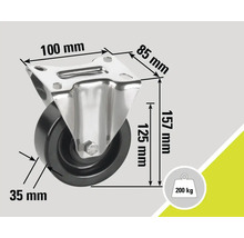 Rollenbock mit den Maßen 100 mm mal 85 mm, einer Bauhöhe von 157 mm, einer Rollenbreite von 35 mm, einem Rollendurchmesser von 125 mm und einer Traglast von 200 Kilogramm