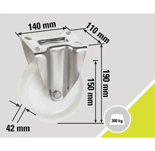 Support de rouleau avec des dimensions de 140 mm, 110 mm, 190 mm et 42 mm, capacité de charge maximale de 300 kg