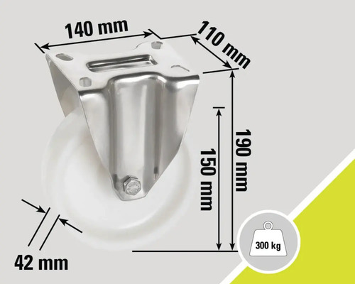 Support de rouleau avec des dimensions de 140 mm, 110 mm, 190 mm et 42 mm, capacité de charge maximale de 300 kg