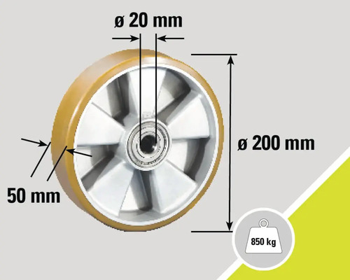 Rolle mit den Maßen 20 mm, 50 mm, Durchmesser 200 mm und einer Traglast von 850 kg