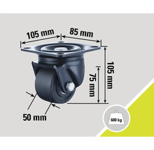 Roue pivotante avec des dimensions de 105 mm x 85 mm, une hauteur de roue de 75 mm et une taille de roue de 50 mm. Charge maximale 600 kg.