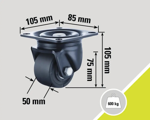 Roue pivotante avec des dimensions de 105 mm x 85 mm, une hauteur de roue de 75 mm et une taille de roue de 50 mm. Charge maximale 600 kg.