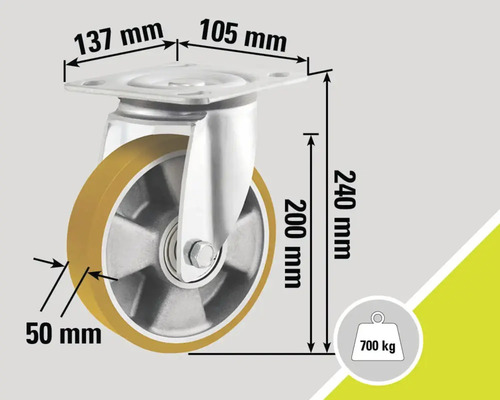 Roue pivotante avec les dimensions 137 mm, 105 mm, 240 mm, 200 mm et 50 mm, charge maximale jusqu'à 700 kg