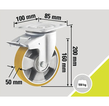 Lenkrolle mit Feststeller und Maßangaben: 100 mm x 85 mm Plattenmaß, 200 mm Bauhöhe, 160 mm Raddurchmesser, 50 mm Radbreite, 550 kg Traglast