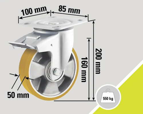 Lenkrolle mit Feststeller und Maßangaben: 100 mm x 85 mm Plattenmaß, 200 mm Bauhöhe, 160 mm Raddurchmesser, 50 mm Radbreite, 550 kg Traglast