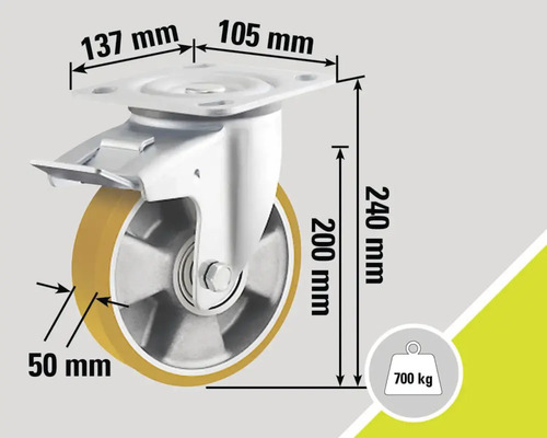 Roue avec frein, dimensions 137 x 105 x 240 millimètres, charge de roue 700 kilogrammes