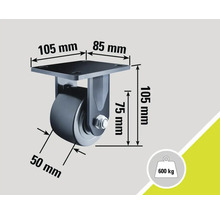 Lenkrolle mit den Maßen 105 mm x 85 mm, 105 mm Höhe und einer Radbreite von 50 mm, Traglast 600 kg