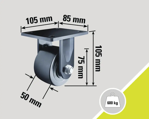 Lenkrolle mit den Maßen 105 mm x 85 mm, 105 mm Höhe und einer Radbreite von 50 mm, Traglast 600 kg