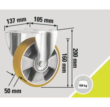 Support de rouleau avec dimensions : 137 mm, 105 mm, 160 mm, 200 mm et 50 mm, capacité de charge 550 kg