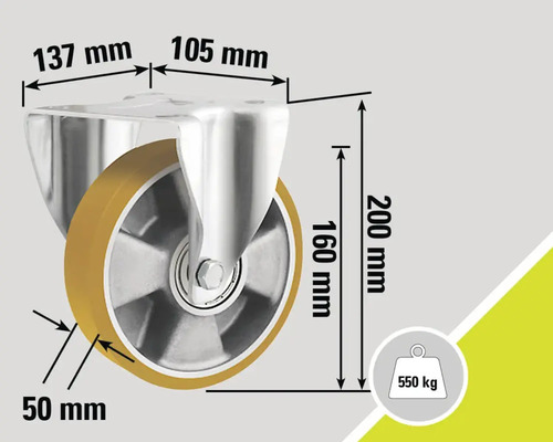 Support de rouleau avec dimensions : 137 mm, 105 mm, 160 mm, 200 mm et 50 mm, capacité de charge 550 kg