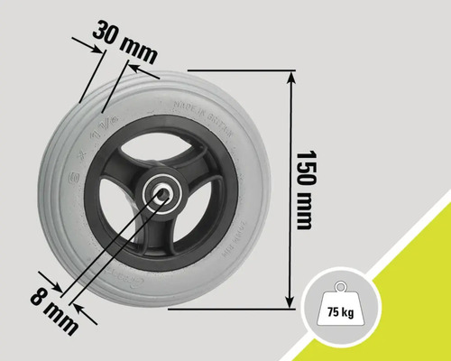 Graues Rad mit den Maßen 150 mm Höhe, 30 mm Reifenbreite und 8 mm Nabenbreite, maximale Belastung 75 kg